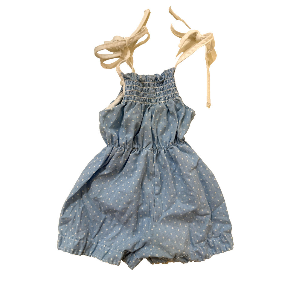 Vintage Polar Romper Girls Blue Polka Dot Smocked Cottagecore USA